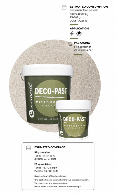 Microestil Deco Past Base product with estimated one-coat and two-coat coverage by container size
