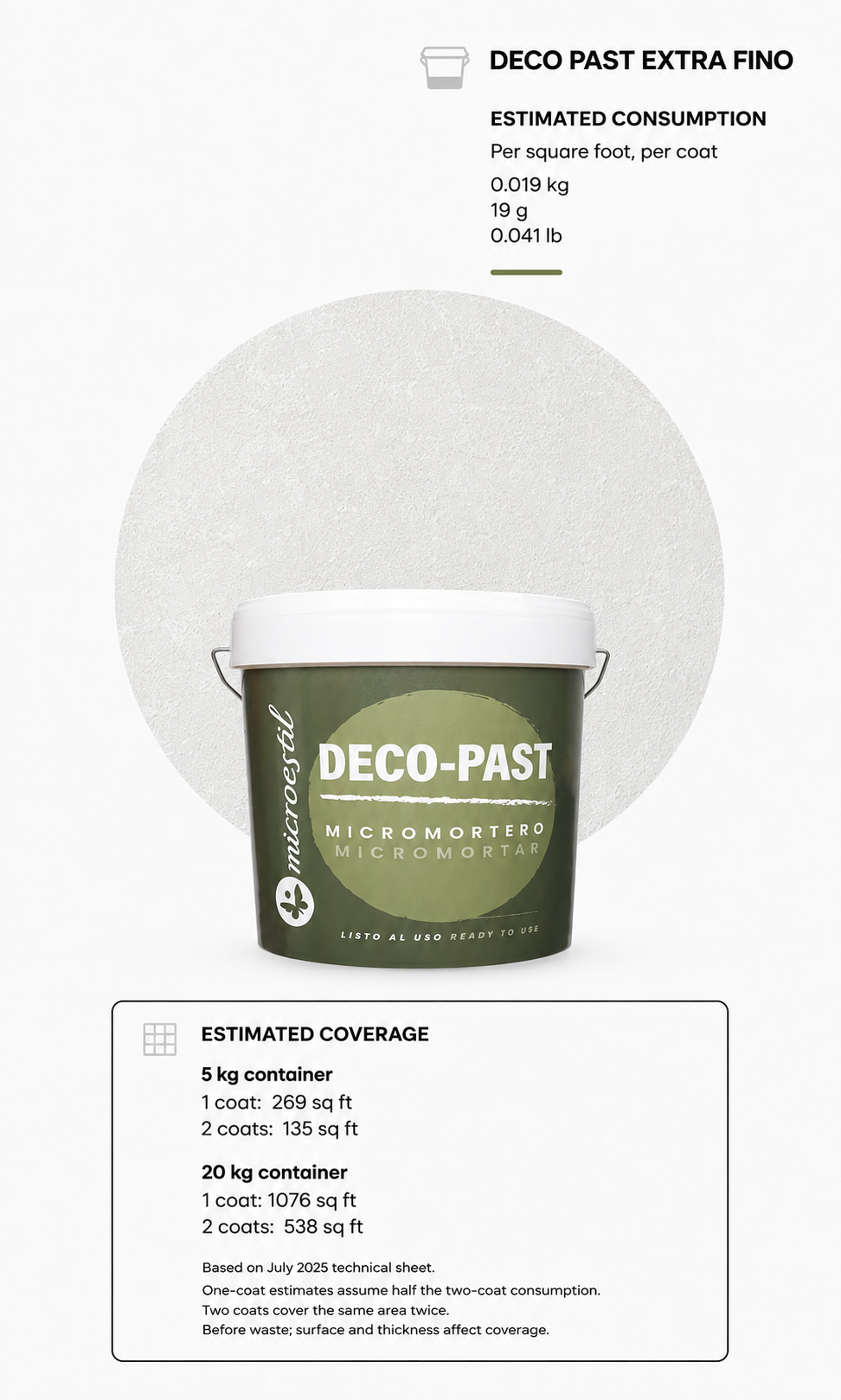 Microestil Deco Past Extra Fino product with estimated one-coat and two-coat coverage by container size