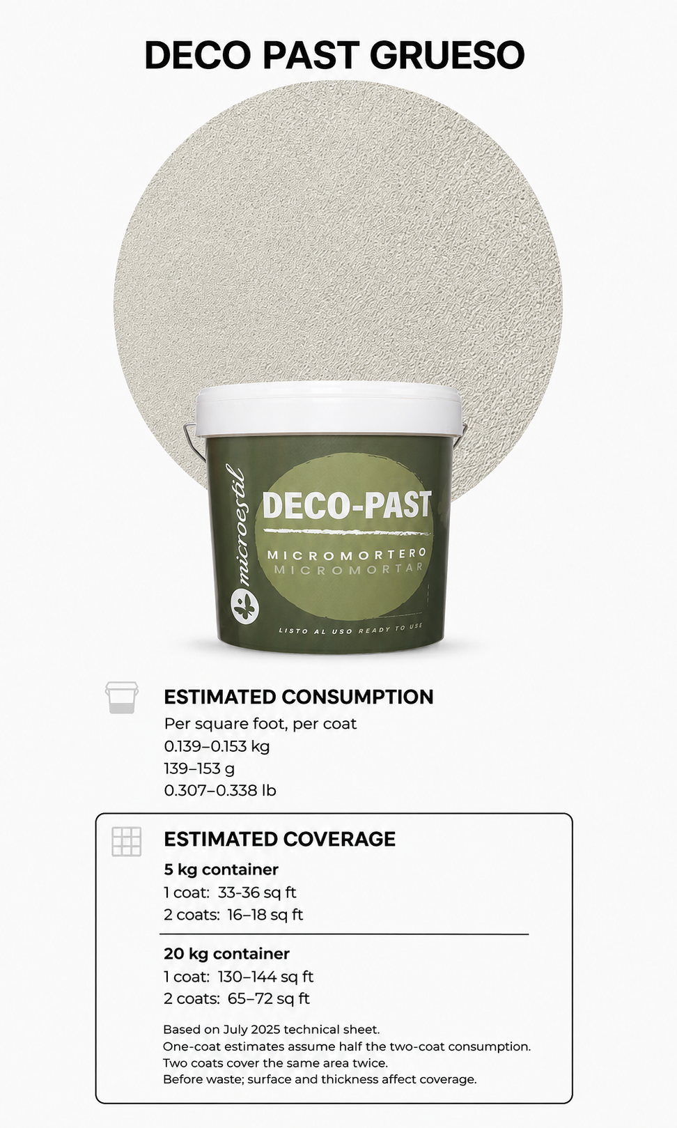 Microestil Deco Past Grueso product with estimated one-coat and two-coat coverage by container size