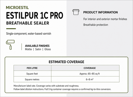 Microestil Estilpur 1C Pro breathable sealer coverage: approximately 65–85 square feet per litre (6–8 square metres).