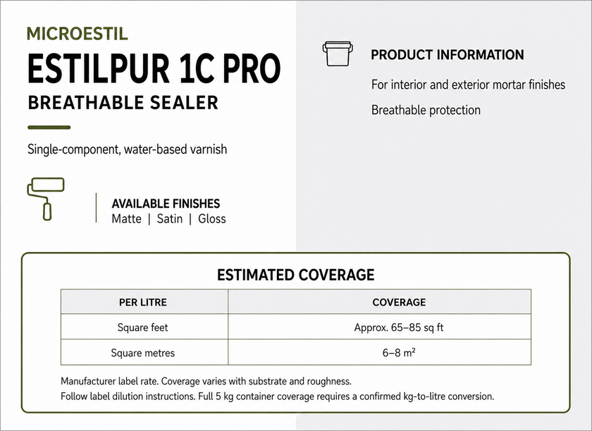 Microestil Estilpur 1C Pro breathable sealer coverage: approximately 65–85 square feet per litre (6–8 square metres).