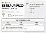 Microestil estilpur pu20 product information chart with estimated one-coat and two-coat coverage