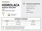 Microestil hidrolaca product information chart with estimated one-coat and two-coat coverage
