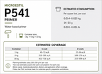 Microestil P541 primer information chart with estimated one-coat and two-coat coverage for 1 kg, 5 kg and 10 kg containers