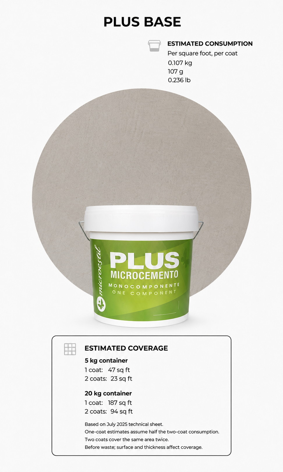 Microestil Plus Base product with estimated one-coat and two-coat coverage by container size