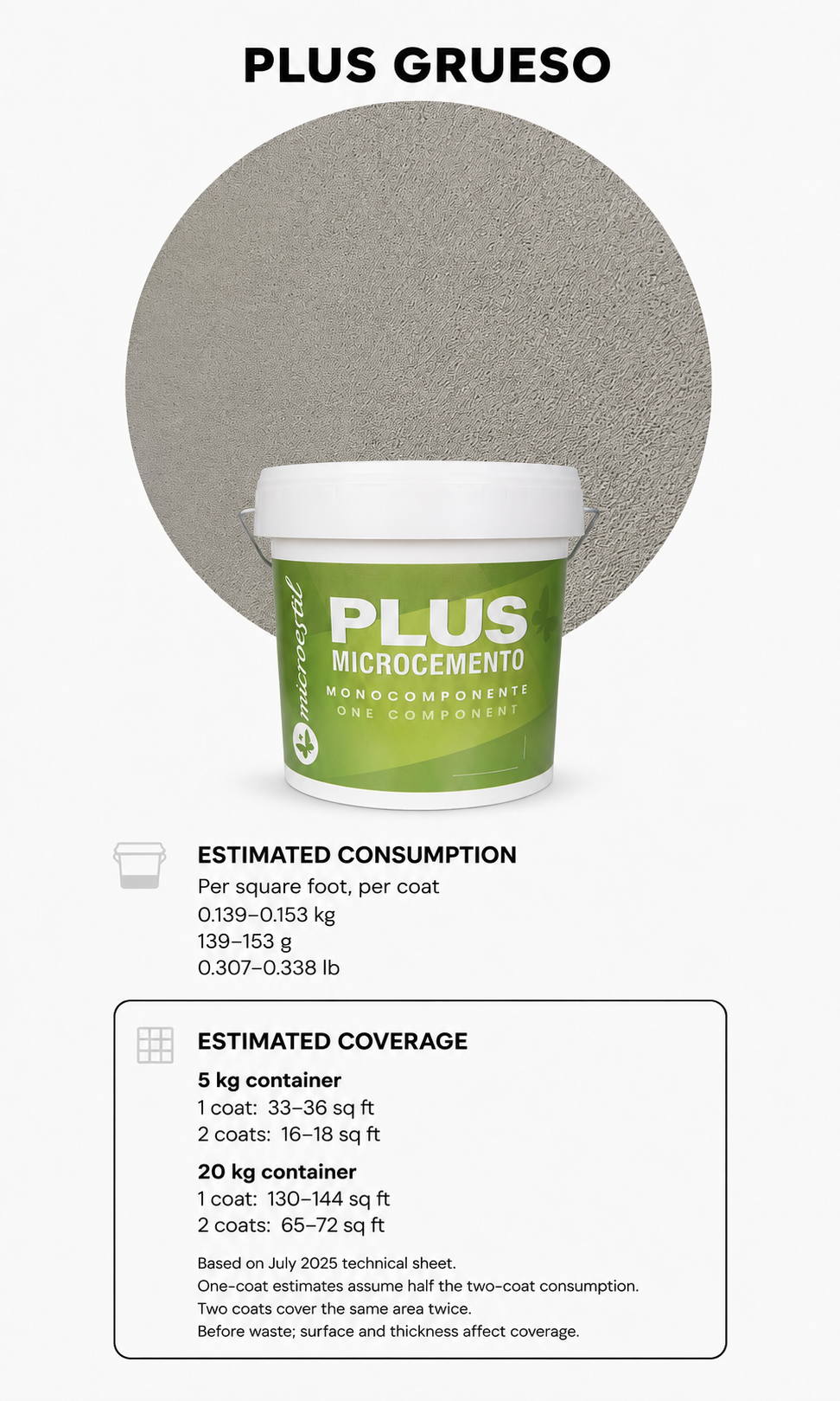 Microestil Plus Grueso product with estimated one-coat and two-coat coverage by container size