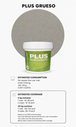 Microestil Plus Grueso product with estimated one-coat and two-coat coverage by container size