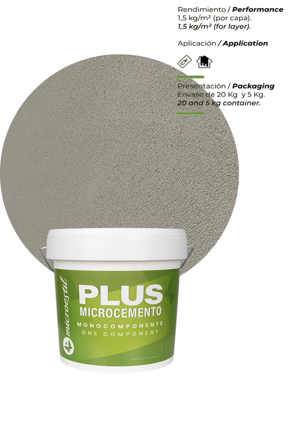 Microestil Plus Grueso microcement bucket with coarse finish sample and manufacturer product information