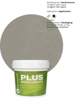 Microestil Plus Grueso microcement bucket with coarse finish sample and manufacturer product information