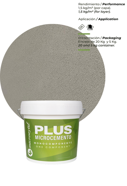 Microestil Plus Grueso microcement bucket with coarse finish sample and manufacturer product information