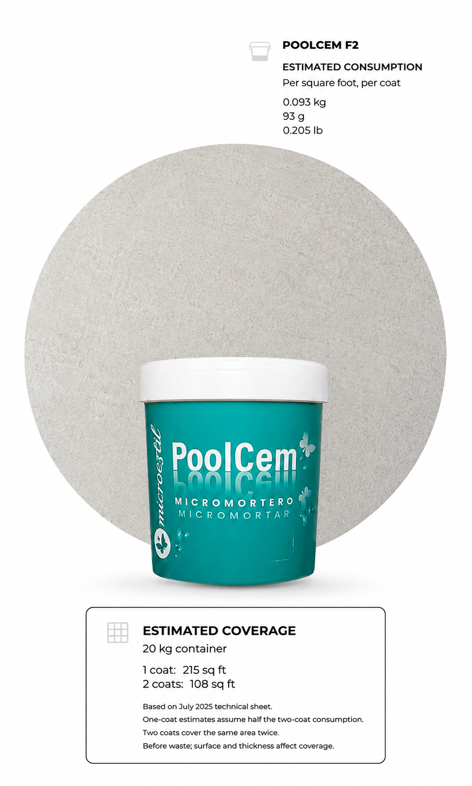 Microestil PoolCem F2 product with estimated one-coat and two-coat coverage by container size