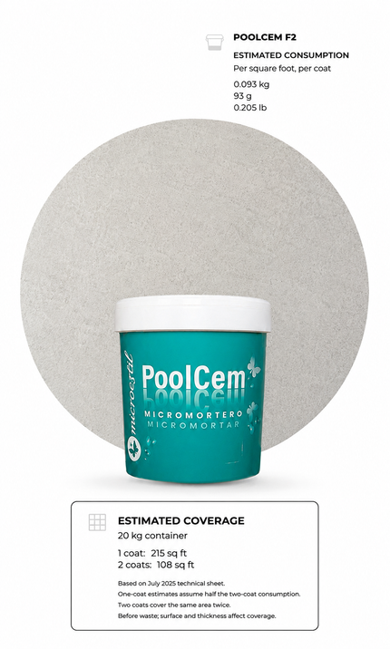 Microestil PoolCem F2 product with estimated one-coat and two-coat coverage by container size