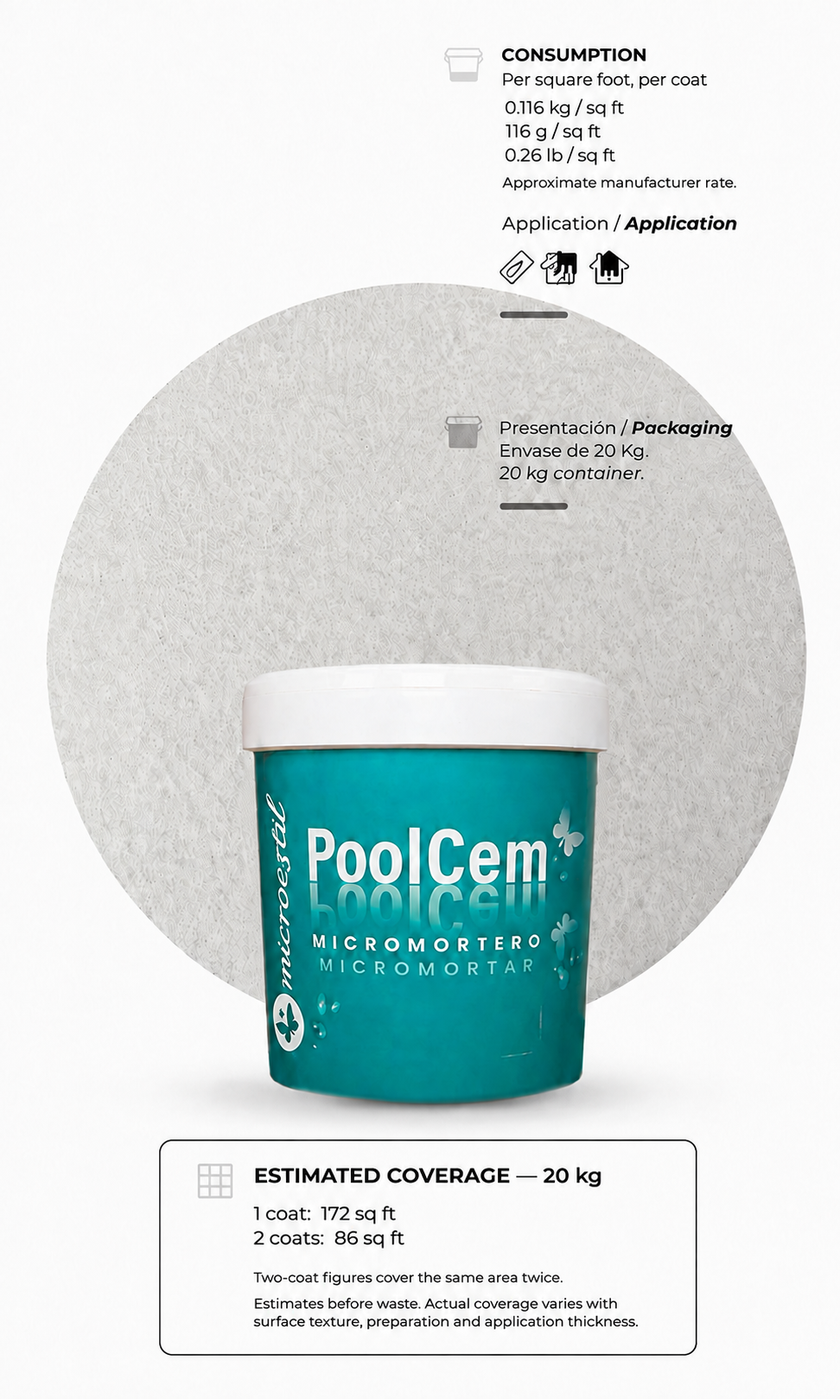 Microestil PoolCem F4 20 kg bucket with estimated coverage of 172 sq ft for one coat or 86 sq ft for two coats